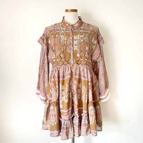 Free People Augustine Mini babydoll dress Brown Pink NWOT size XS Rare - Picture 2 of 13